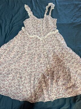 Girls White Dress with Pink Floral Print and Ruffle Straps
